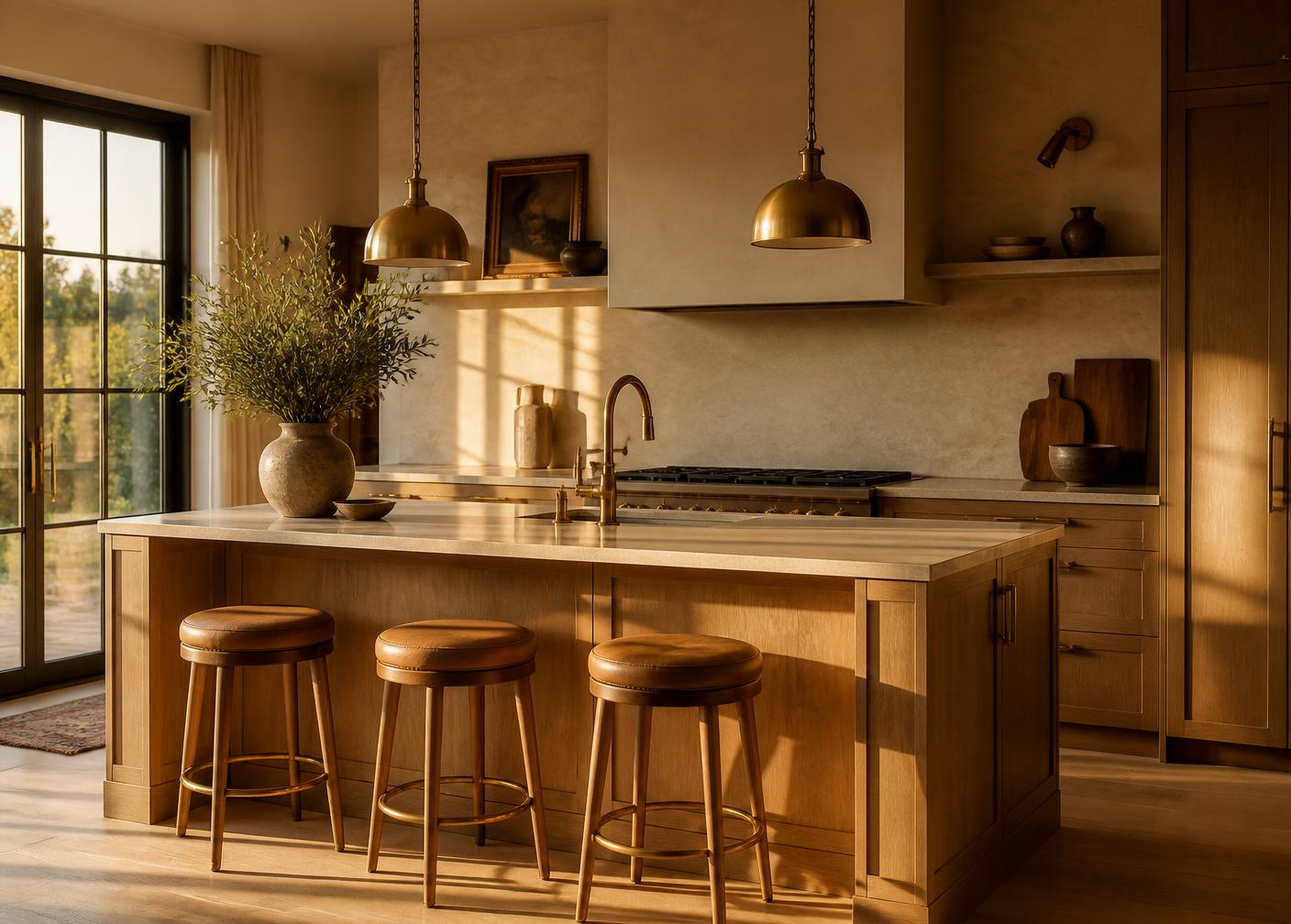 Custom oak and brass kitchen with island installed by 4YOU Kitchens