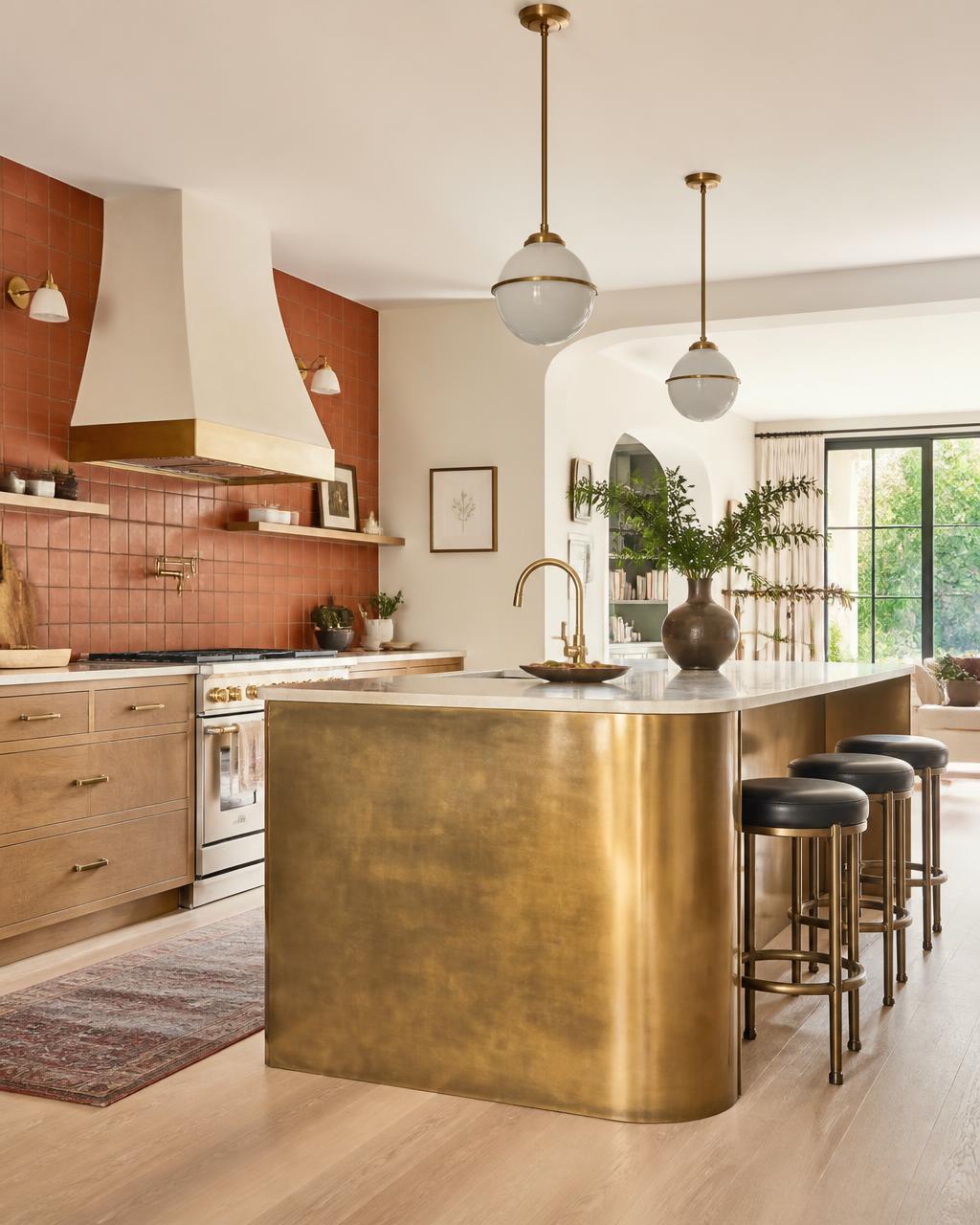 Open kitchen with brass island and warm tile backsplash