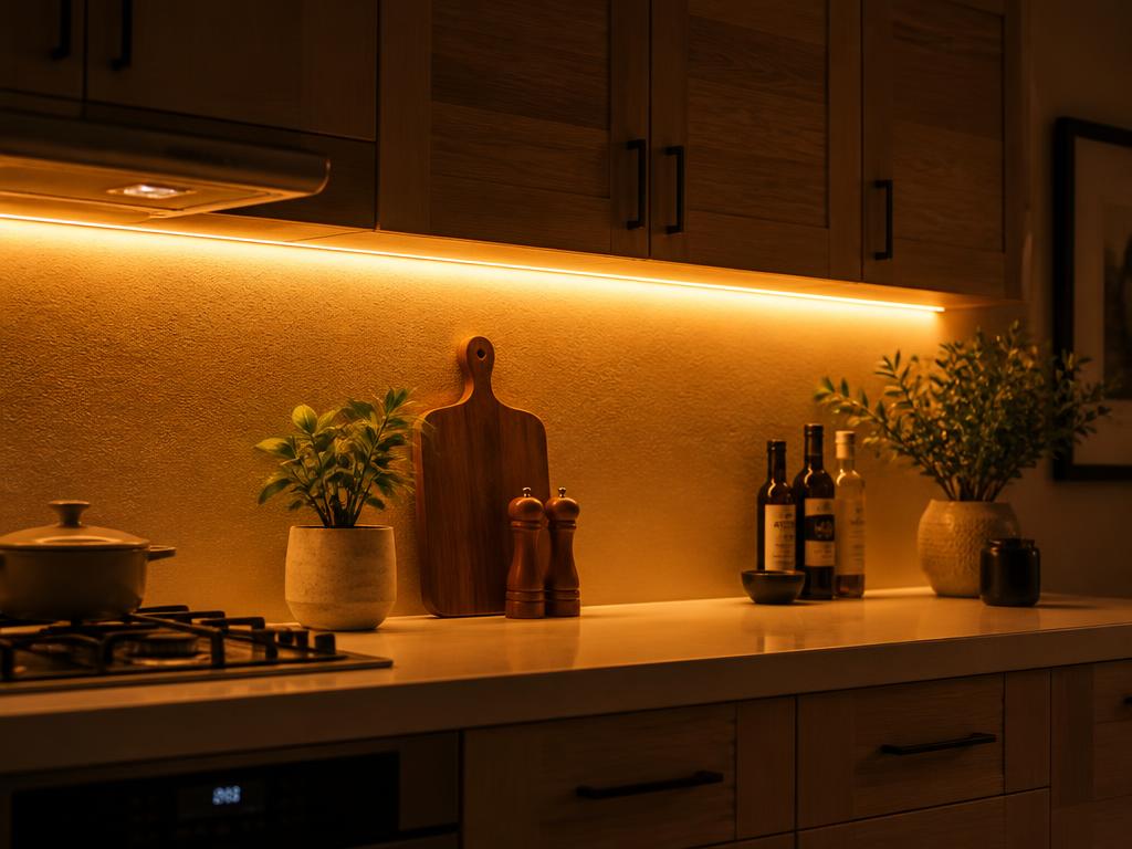 Under-cabinet amber LED strip glowing on a warm kitchen wall